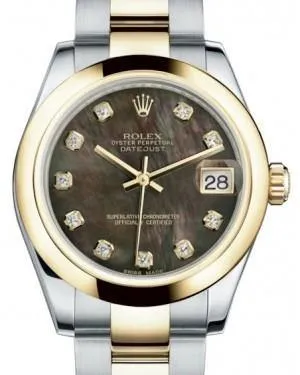 Rolex Datejust 31 Lady Midsize Yellow Gold/Steel Black Mother of Pearl Diamond Dial & Smooth Domed Bezel Oyster Bracelet 178243