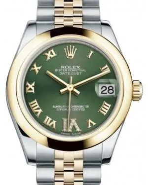 Rolex Datejust 31 Lady Midsize Yellow Gold/Steel Olive Green Roman Diamond VI Dial & Smooth Domed Bezel Jubilee Bracelet 178243