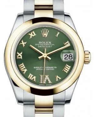 Rolex Datejust 31 Lady Midsize Yellow Gold/Steel Olive Green Roman Diamond VI Dial & Smooth Domed Bezel Oyster Bracelet 178243 - NEW