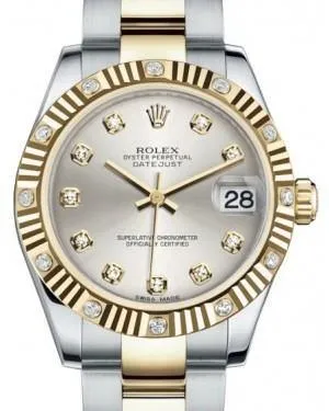 Rolex Datejust 31 Lady Midsize Yellow Gold/Steel Silver Diamond Dial & Diamond Set Fluted Bezel Oyster Bracelet 178313