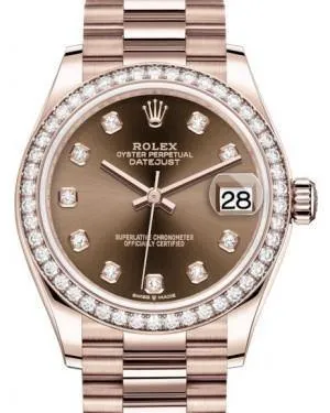 Rolex Datejust 31MM Lady Midsize Rose Gold Chocolate Diamond Dial & Diamond Bezel President Bracelet 278285RBR - NEW
