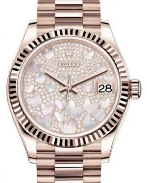 Rolex Datejust 31MM Lady Midsize Rose Gold Diamond Pave Mother of Pearl Butterfly Dial & Fluted Bezel President Bracelet 278275 - NEW