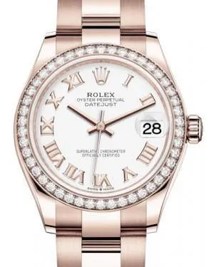 Rolex Datejust 31MM Lady Midsize Rose Gold White Roman Dial & Diamond Bezel Oyster Bracelet 278285RBR - NEW