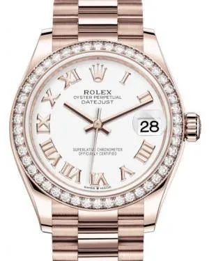 Rolex Datejust 31MM Lady Midsize Rose Gold White Roman Dial & Diamond Bezel President Bracelet 278285RBR - NEW