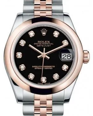 Rolex Datejust 31MM Lady Midsize Rose Gold/Steel Black Diamond Dial & Smooth Domed Bezel Jubilee Bracelet 178241 - NEW