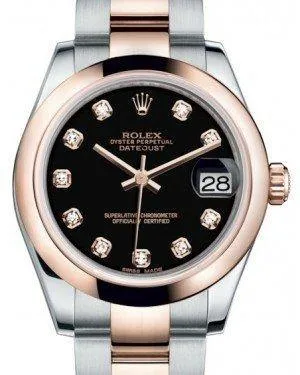 Rolex Datejust 31MM Lady Midsize Rose Gold/Steel Black Diamond Dial & Smooth Domed Bezel Oyster Bracelet 178241 - NEW