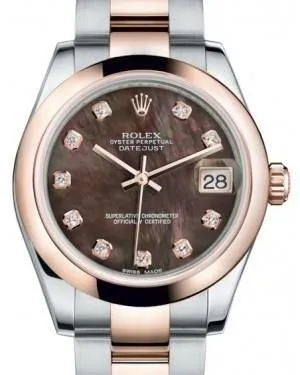 Rolex Datejust 31MM Lady Midsize Rose Gold/Steel Black Mother of Pearl Diamond Dial & Smooth Domed Bezel Oyster Bracelet 178241 - NEW