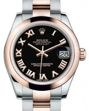 Rolex Datejust 31MM Lady Midsize Rose Gold/Steel Black Roman Dial & Smooth Domed Bezel Oyster Bracelet 178241 - NEW