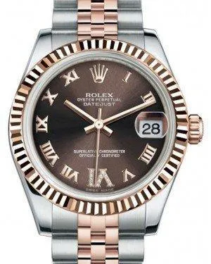Rolex Datejust 31MM Lady Midsize Rose Gold/Steel Chocolate Roman Diamond VI Dial & Fluted Bezel Jubilee Bracelet 178271 - NEW