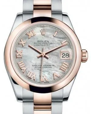 Rolex Datejust 31MM Lady Midsize Rose Gold/Steel White Mother of Pearl Roman Dial & Smooth Domed Bezel Oyster Bracelet 178241 - NEW