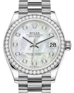 Rolex Datejust 31MM Lady Midsize White Gold White Mother of Pearl Diamond Dial & Diamond Bezel President Bracelet 278289RBR - NEW