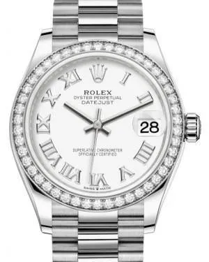 Rolex Datejust 31MM Lady Midsize White Gold White Roman Dial & Diamond Bezel President Bracelet 278289RBR - NEW