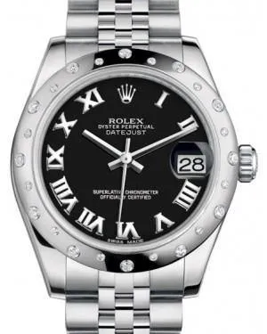 Rolex Datejust 31MM Lady Midsize White Gold/Steel Black Roman Dial & Diamond Set Domed Bezel Jubilee Bracelet 178344 - NEW