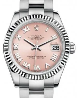 Rolex Datejust 31mm Lady Midsize White Gold/Steel Pink Roman Dial & Fluted Bezel Oyster Bracelet 178274 - NEW