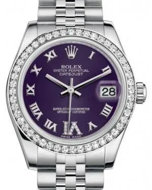 Rolex Datejust 31mm Lady Midsize White Gold/Steel Purple Roman Diamond VI Dial & Diamond Bezel Jubilee Bracelet 178384 - NEW