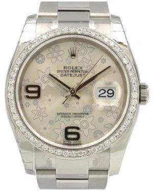Rolex Datejust 36 116200-SLVFDO Silver Floral Motif Arabic Diamond Bezel Stainless Steel Oyster