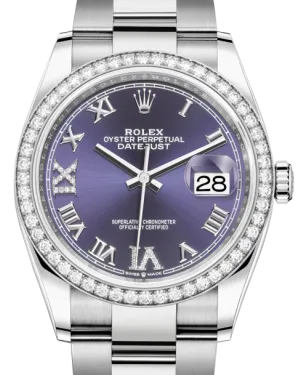 Rolex Datejust 36 White Gold/Steel Aubergine Roman & Diamond Dial & Diamond Bezel Oyster Bracelet 126284RBR