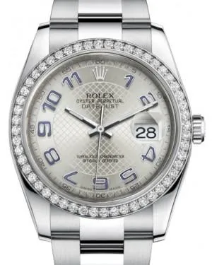 Rolex Datejust 36 White Gold/Steel Silver Diagonal Motif Arabic Dial & Diamond Bezel Oyster Bracelet 116244