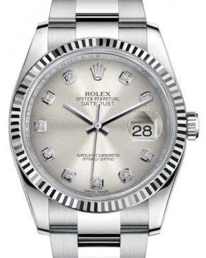 Rolex Datejust 36 White Gold/Steel Silver Diamond Dial & Fluted Bezel Oyster Bracelet 116234
