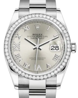 Rolex Datejust 36 White Gold/Steel Silver Roman & Diamond Dial & Diamond Bezel Oyster Bracelet 126284RBR