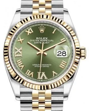 Rolex Datejust 36 Yellow Gold/Steel Olive Green Roman Diamond VI Dial & Fluted Bezel Jubilee Bracelet 126233 - New