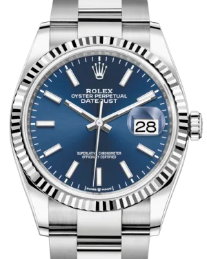 Rolex Datejust 36MM White Gold/Steel Blue Index Dial & Fluted Bezel Oyster Bracelet 126234 - NEW