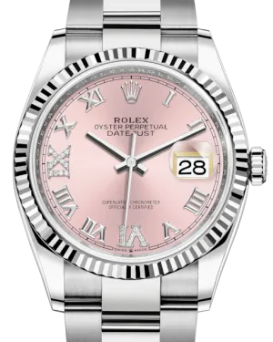 Rolex Datejust 36mm White Gold/Steel Pink Roman & Diamond Dial & Fluted Bezel Oyster Bracelet 126234 - NEW