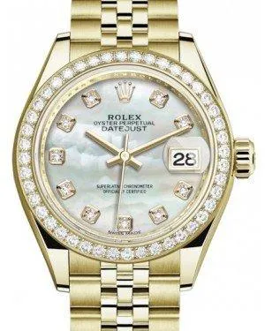 Rolex Lady Datejust 28 Yellow Gold White Mother of Pearl Diamond Dial & Diamond Bezel Jubilee Bracelet 279138RBR