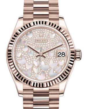 Rolex Lady-Datejust 31 Rose Gold Mother of Pearl Butterfly Diamond Paved Dial & Fluted Bezel President Bracelet 278275