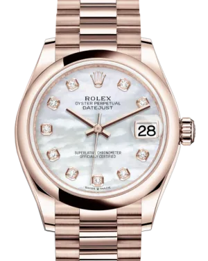 Rolex Lady-Datejust 31 Rose Gold White Mother of Pearl Diamond Dial & Smooth Domed Bezel President Bracelet 278245