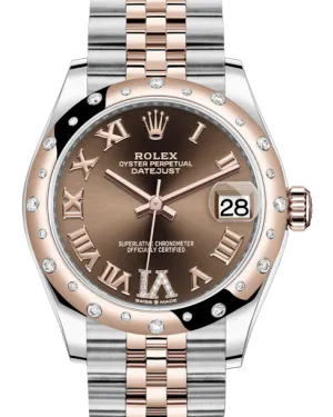 Rolex Lady-Datejust 31 Rose Gold/Steel Chocolate Roman Diamond VI Dial & Domed Set with Diamonds Bezel Jubilee Bracelet 278341RBR