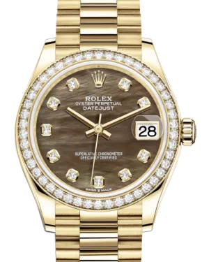 Rolex Lady-Datejust 31 Yellow Gold Black Mother of Pearl Diamond Dial & Diamond Bezel President Bracelet 278288RBR