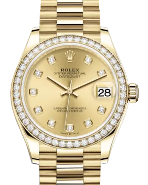 Rolex Lady-Datejust 31 Yellow Gold Champagne Diamond Dial & Diamond Bezel President Bracelet 278288RBR