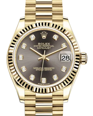 Rolex Lady-Datejust 31 Yellow Gold Dark Grey Diamond Dial & Fluted Bezel President Bracelet 278278