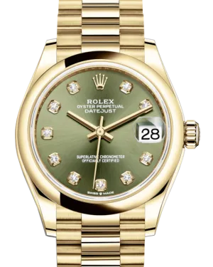 Rolex Lady-Datejust 31 Yellow Gold Olive Green Diamond Dial & Smooth Domed Bezel President Bracelet 278248