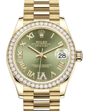 Rolex Lady-Datejust 31 Yellow Gold Olive Green Roman Diamond VI Dial & Diamond Bezel President Bracelet 278288RBR