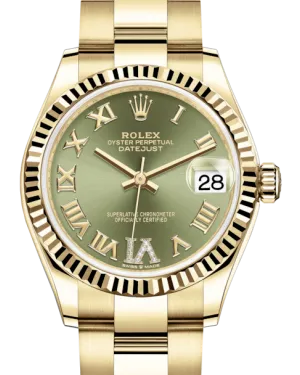 Rolex Lady-Datejust 31 Yellow Gold Olive Green Roman Diamond VI Dial & Fluted Bezel Oyster Bracelet 278278