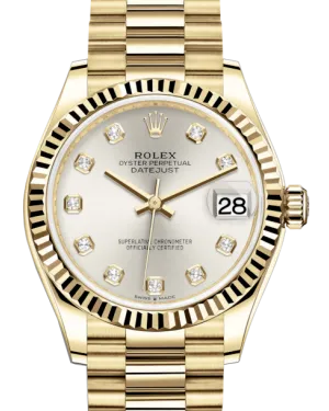 Rolex Lady-Datejust 31 Yellow Gold Silver Diamond Dial & Fluted Bezel President Bracelet 278278