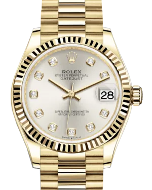 Rolex Lady-Datejust 31 Yellow Gold Silver Diamond Dial & Fluted Bezel President Bracelet 278278