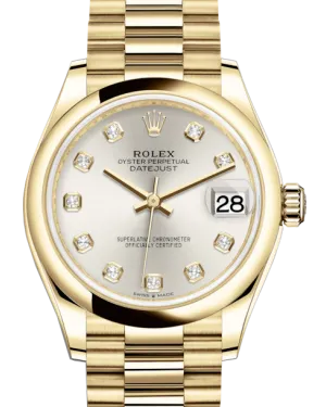 Rolex Lady-Datejust 31 Yellow Gold Silver Diamond Dial & Smooth Domed Bezel President Bracelet 278248