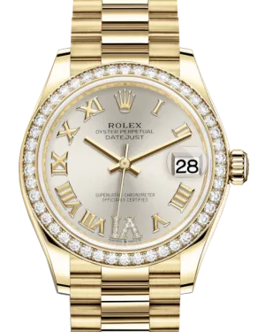 Rolex Lady-Datejust 31 Yellow Gold Silver Roman Diamond VI Dial & Diamond Bezel President Bracelet 278288RBR