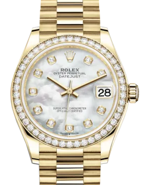 Rolex Lady-Datejust 31 Yellow Gold White Mother of Pearl Diamond Dial & Diamond Bezel President Bracelet 278288RBR