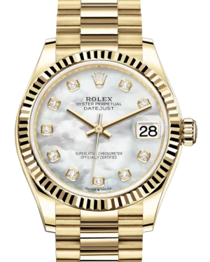 Rolex Lady-Datejust 31 Yellow Gold White Mother of Pearl Diamond Dial & Fluted Bezel President Bracelet 278278