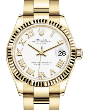 Rolex Lady-Datejust 31 Yellow Gold White Roman Dial & Fluted Bezel Oyster Bracelet 278278