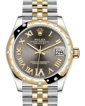 Rolex Lady-Datejust 31 Yellow Gold/Steel Dark Grey Roman Diamond VI Dial & Domed Set with Diamonds Bezel Jubilee Bracelet 278343RBR