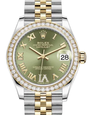 Rolex Lady-Datejust 31 Yellow Gold/Steel Olive Green Roman Diamond VI Dial & Diamond Bezel Jubilee Bracelet 278383RBR
