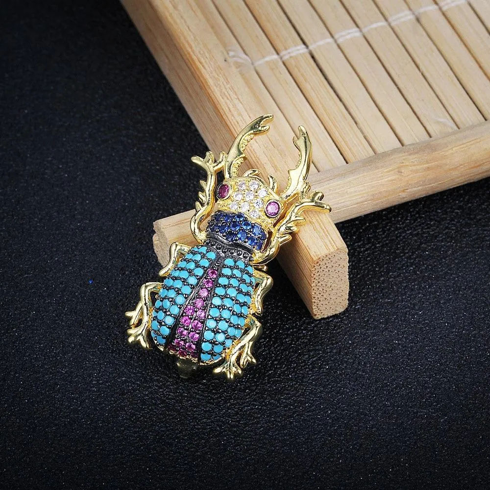 Romantic Copper Crystal Beetle Insect with Cubic Zirconia Pendant Necklace, Fashion Jewelry Gift for Women