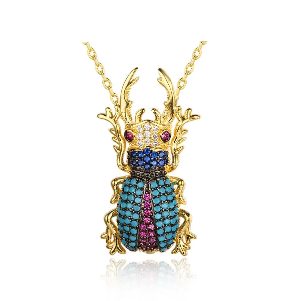 Romantic Copper Crystal Beetle Insect with Cubic Zirconia Pendant Necklace, Fashion Jewelry Gift for Women