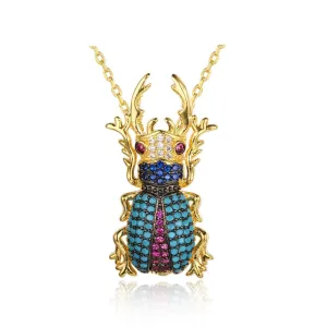 Romantic Copper Crystal Beetle Insect with Cubic Zirconia Pendant Necklace, Fashion Jewelry Gift for Women