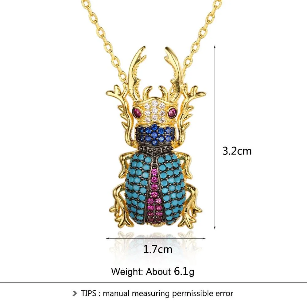 Romantic Copper Crystal Beetle Insect with Cubic Zirconia Pendant Necklace, Fashion Jewelry Gift for Women